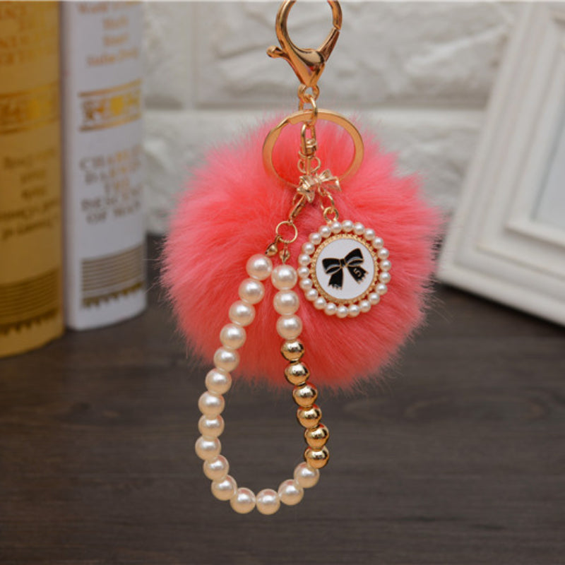 Carsine Fluff Ball Bow Pearl Chain Keychain Watermelon red