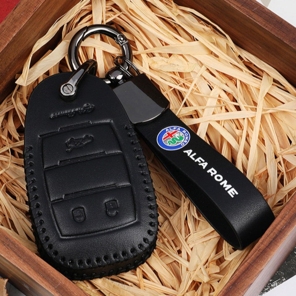 Carsine Alfa Romeo Leather Car Key Case Black / Key case + strap