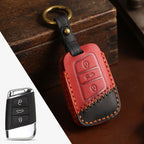 Carsine Volkswagen Lavida Bora Leather Car Key Cover 3 Button Red / 3 Button