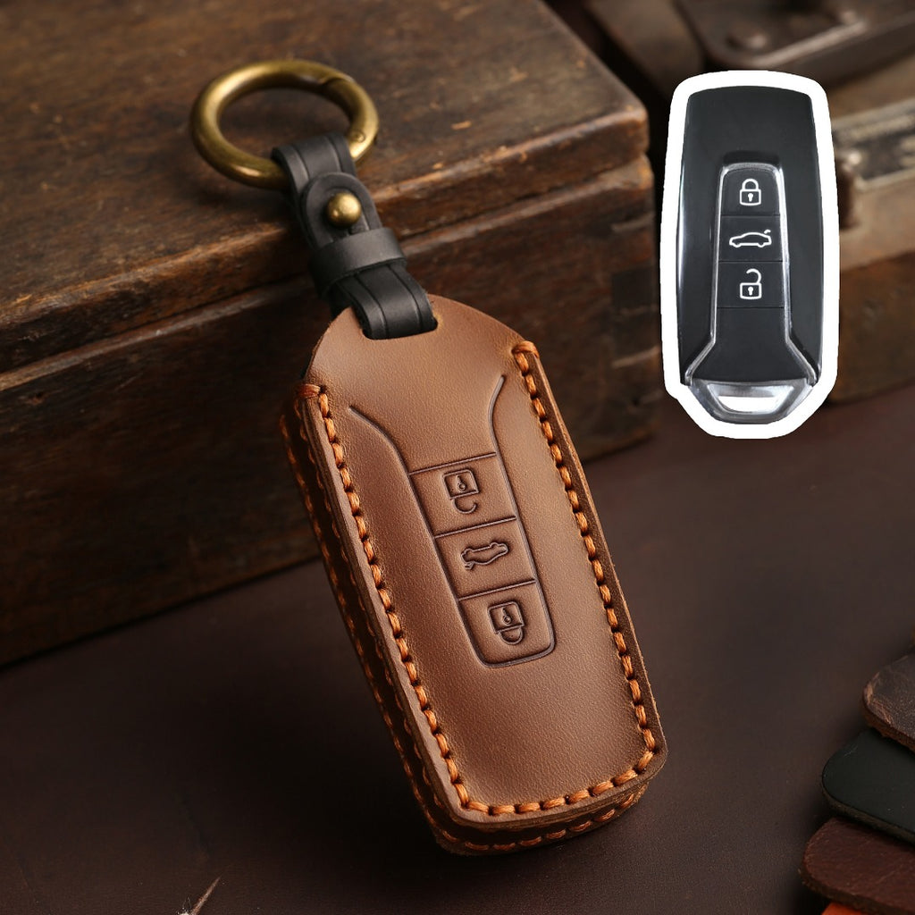Carsine Volkswagen Touareg Leather Car Key Cover 3 Button Brown / 3 Button