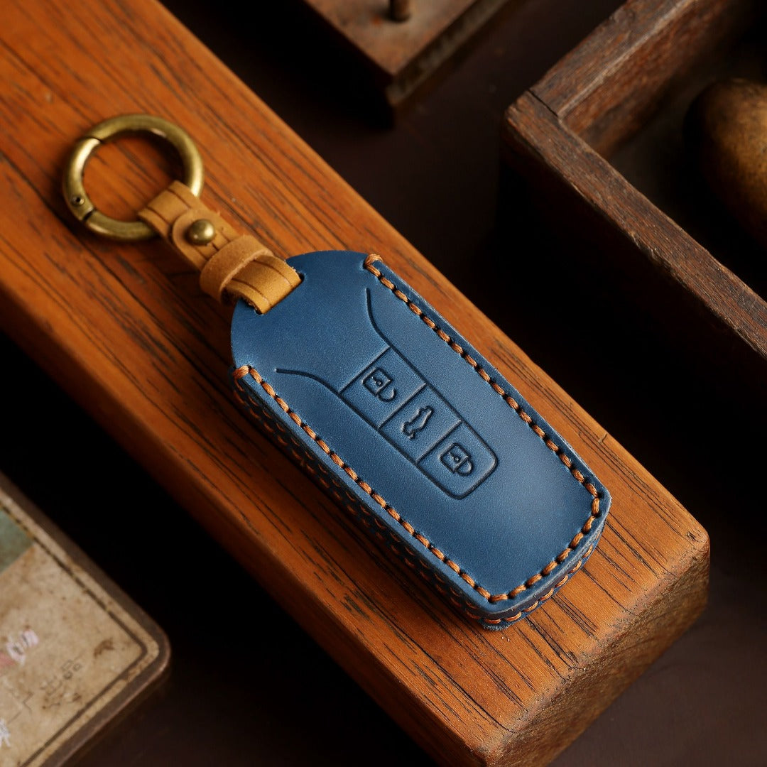 Carsine Volkswagen Touareg Leather Car Key Cover 3 Button Blue / 3 Button