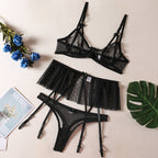 Carsine Sexy lingerie three piece set with skirt G string Thong Black / S