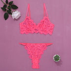 Carsine Lace suspenders gathered sexy lingerie two piece set G string Thong Pink / S