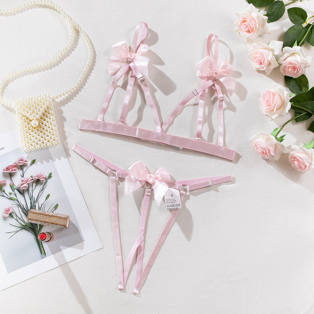 Open crotch exposed breast bow sexy lingerie two piece set G string Thong