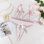 Open crotch exposed breast bow sexy lingerie two piece set G string Thong