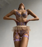 Purple Embroidered Sexy Lingerie Four-Piece Set with Skirt G string Thong