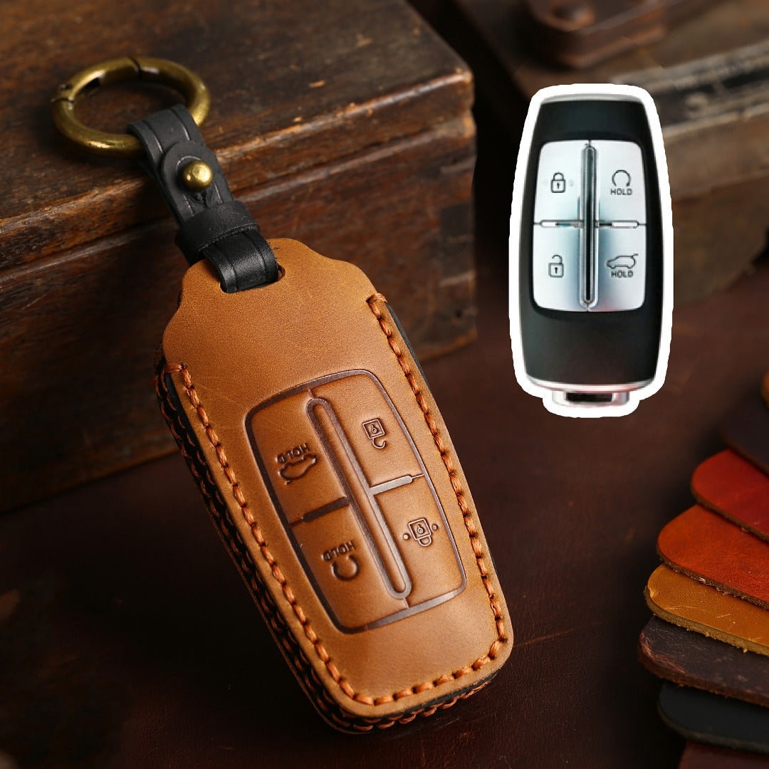 Autoschlüsselhülle aus Leder für Genesis GV70, GV80 und G90 (4, 6 oder 8 Tasten)