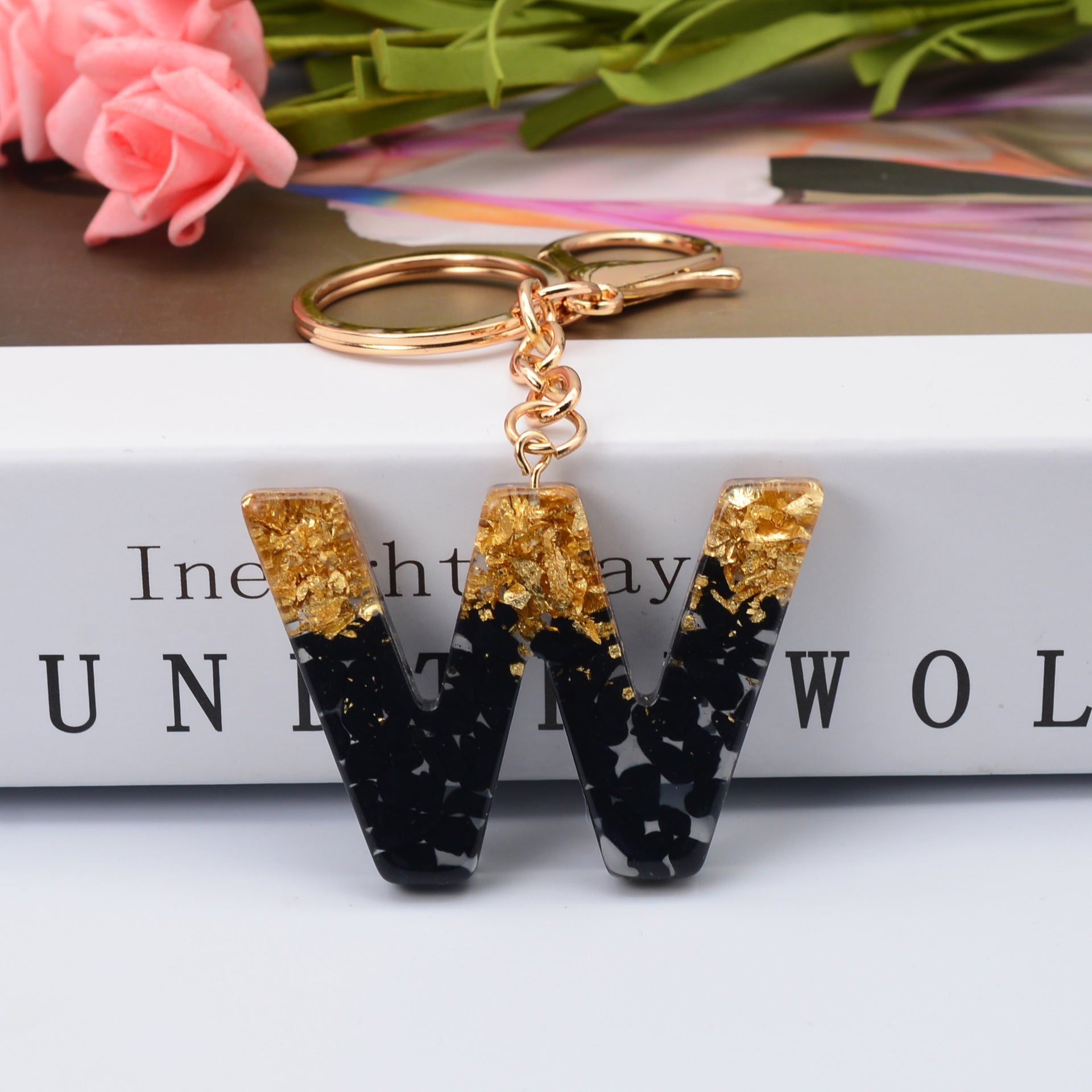 Carsine Black Pompom 26 Alphabets Keychain gold / W
